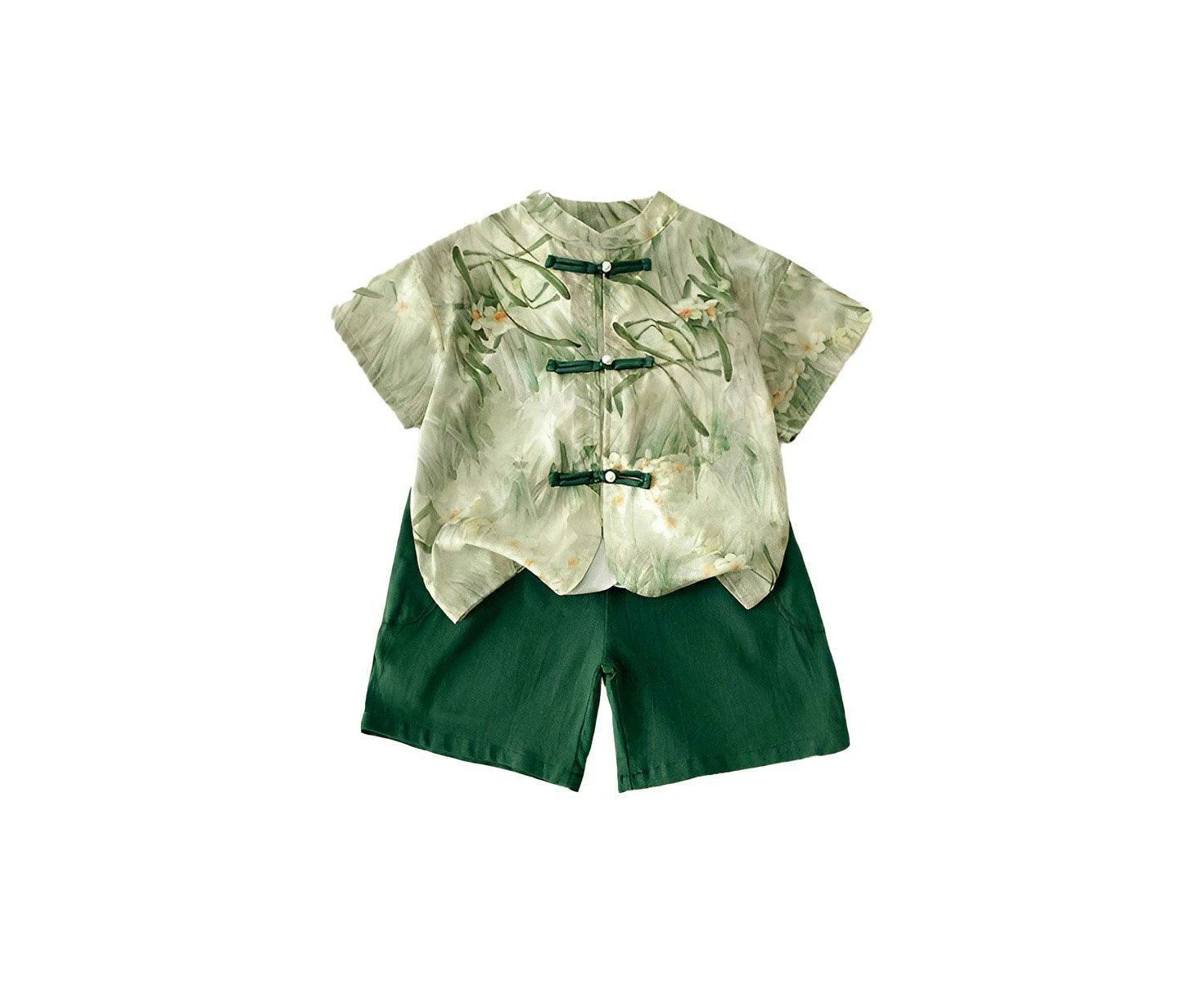 Summer Chinese-style Boys Green Short-Sleeved Shirt Short Pant Two-Piece Thin