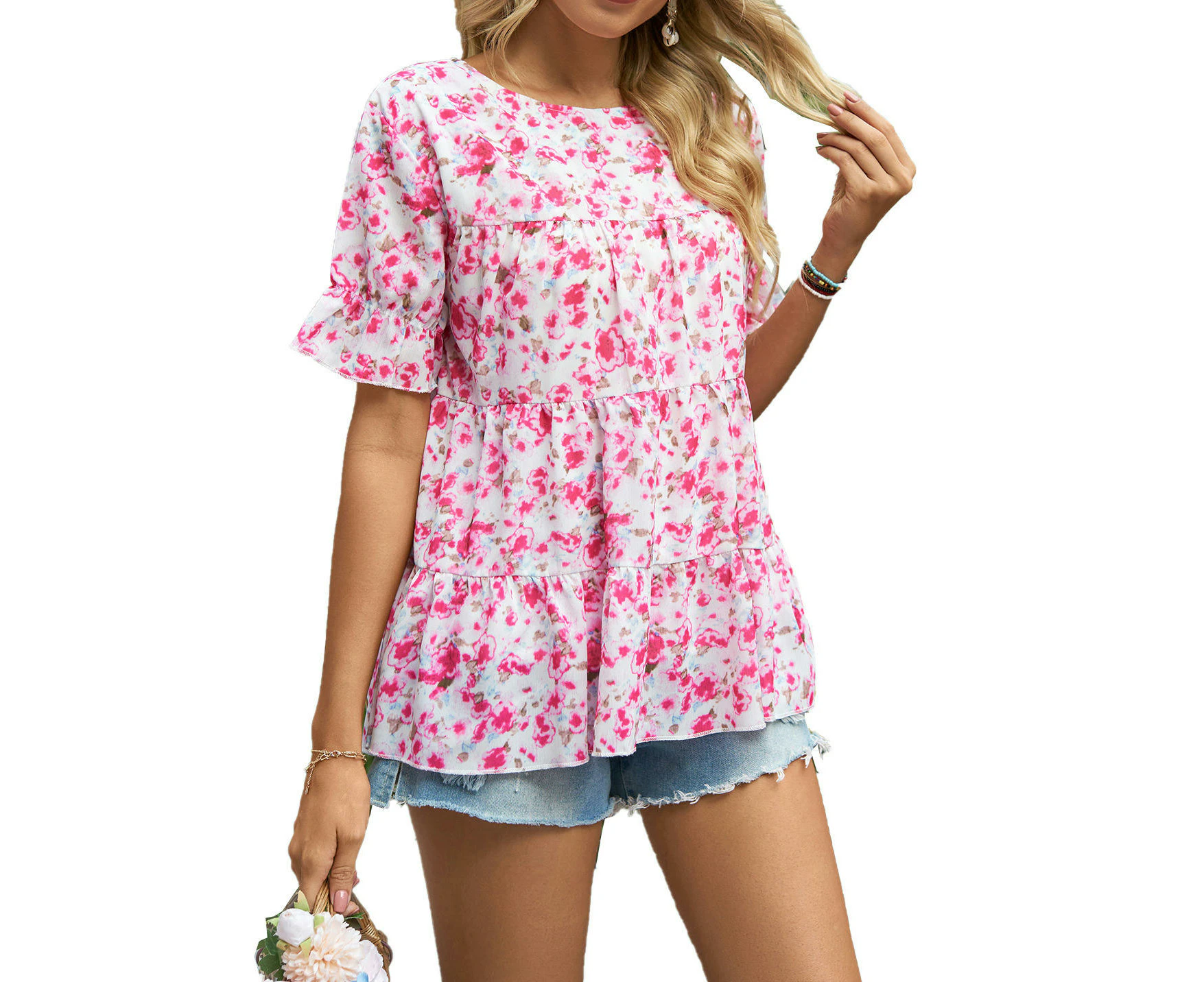 Women's Casual Short Sleeve Crewneck Loose Tops Babydoll Chiffon Blouses Tunics-Pink