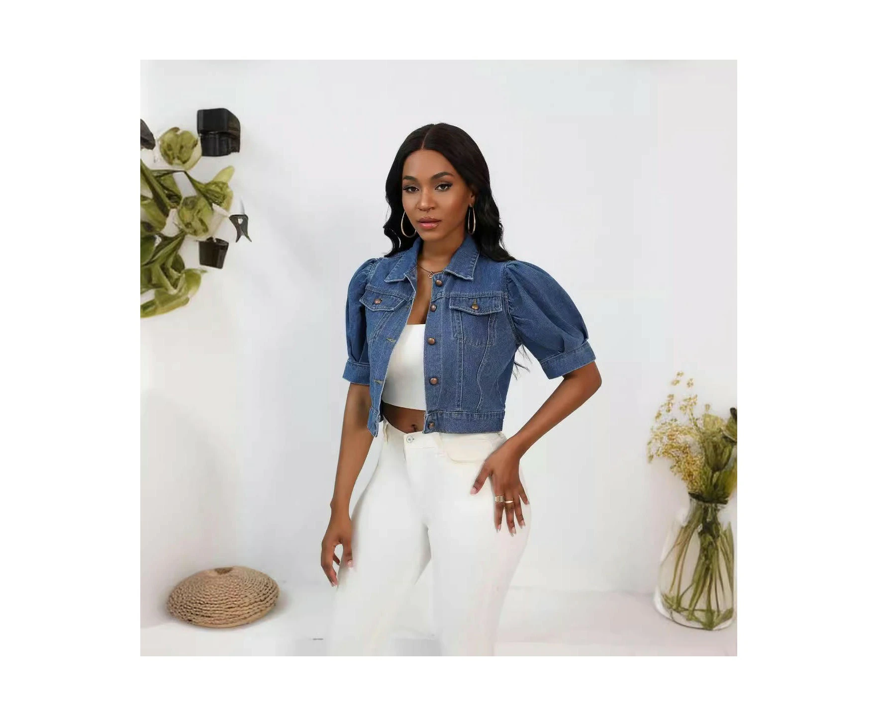 Casual Jean Jacket for Women Puff Short Sleeves Button-Down Denim Jacket-Navy blue