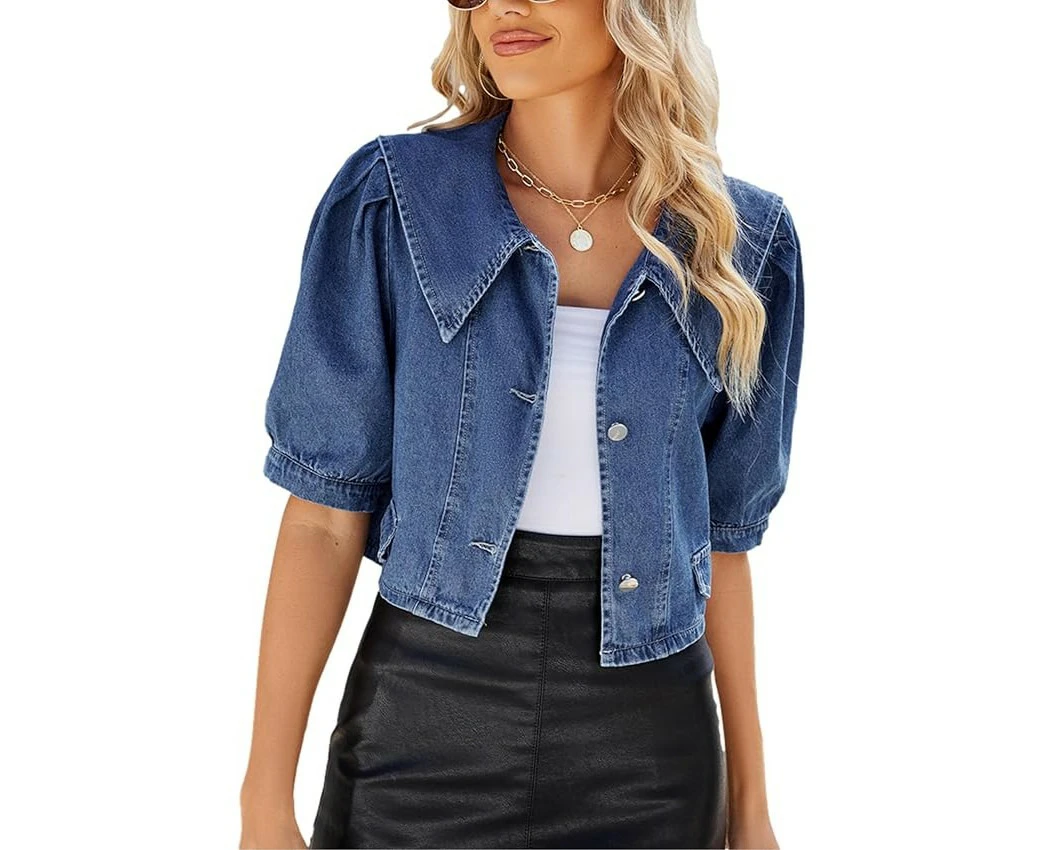 Women's Summer Puff Short Sleeve Jean Jacket Cropped Denim Jacket-blue