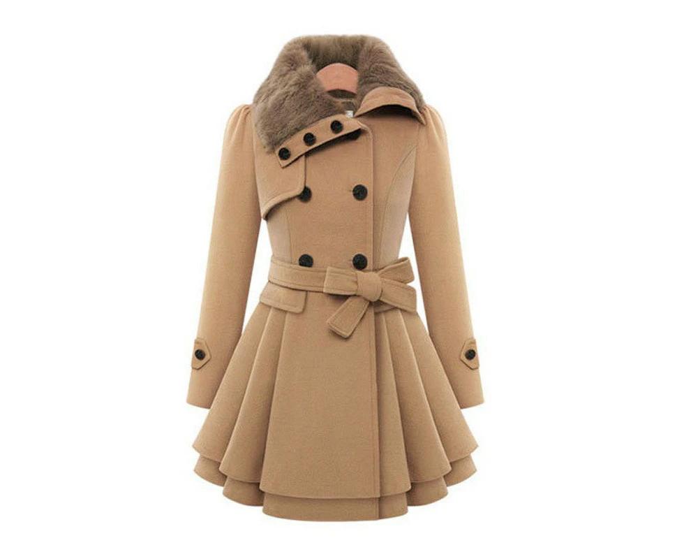 Women's Wool Blend Coat Double Breasted Faux Fur Fur Collar Belt Casual Winter Jacket-Khaki color