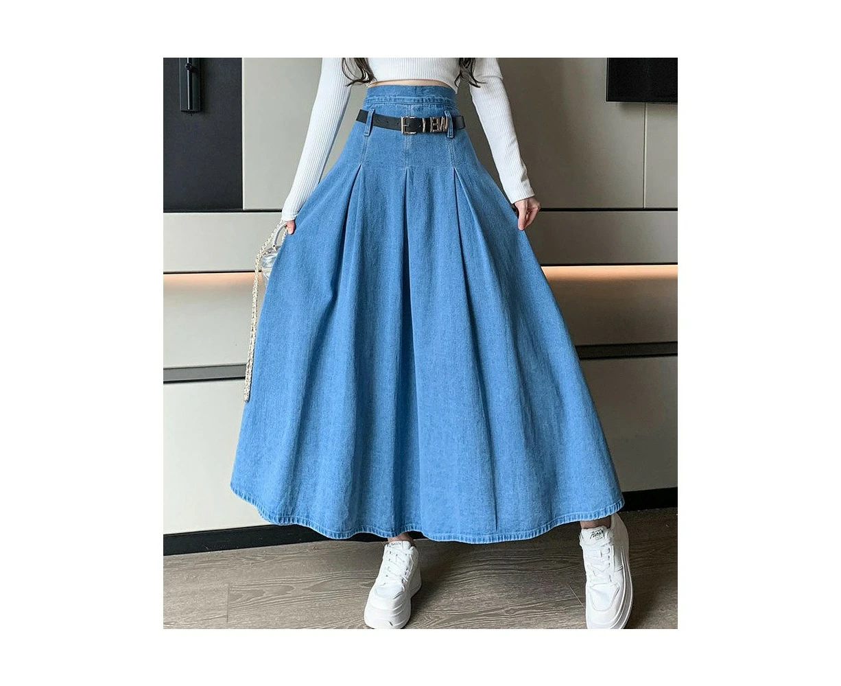 Women's Casual High Waist Denim Skirt A Line Loose Maxi Jean Skirt-Light blue