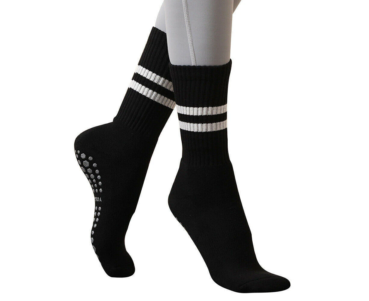 2Pairs Yoga Socks with Non Slip Grip Crew Socks for Pilates Barre Dance Cushioned Sock -Black