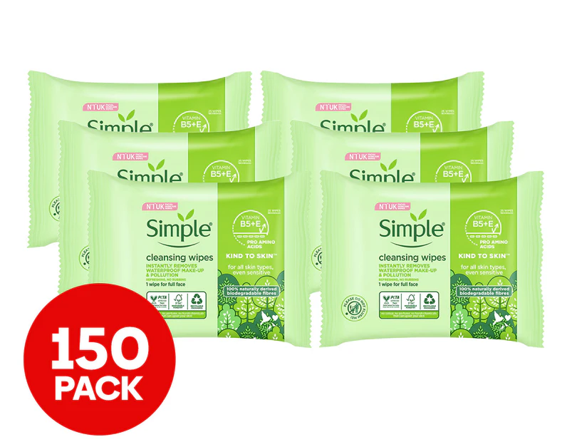 6 x 25pk Simple Kind To Skin Biodegradable Cleansing Facial Wipes