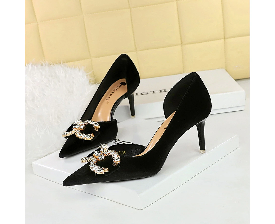 1363-Ak77 Banquet High Heels Women's Shoes Suede Shallow Mouth Pointed Toe Side Hollow Rhinestone Pearl Bow Pumps