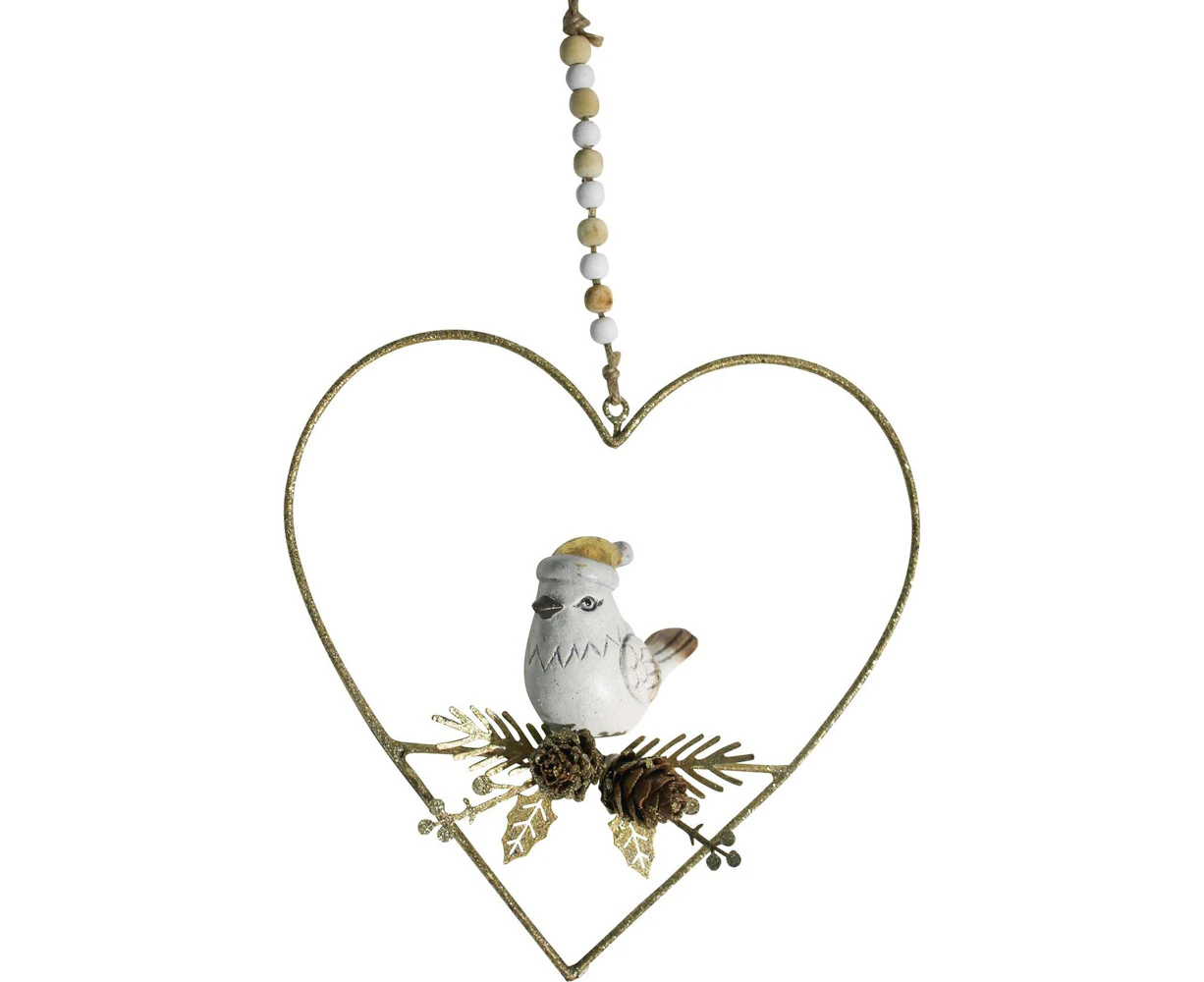 LVD Heart w/ Bird Christmas Hanging Ornament Festive Decor 16cm Gold/White