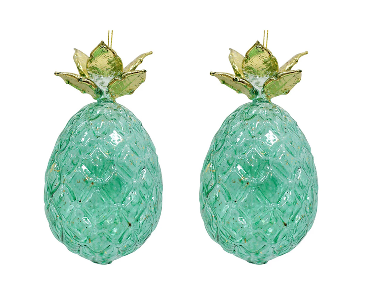 2x LVD Glass Pineapple Ornament Hanging Christmas Decor 7x11cm Vintage Green