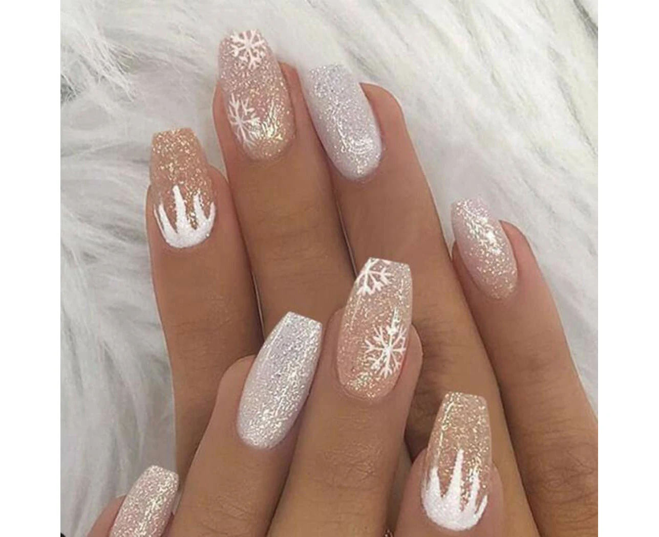 Press On Nails White Snowflake Coffin Fake Nails Christmas False Nails Full Cover Nails For Women And Teen Girls (Style 1)