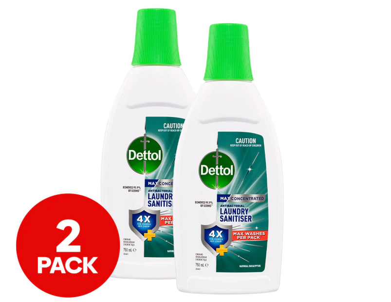 2 x Dettol Max Concentrated Antibacterial Laundry Sanitiser Eucalyptus 750mL