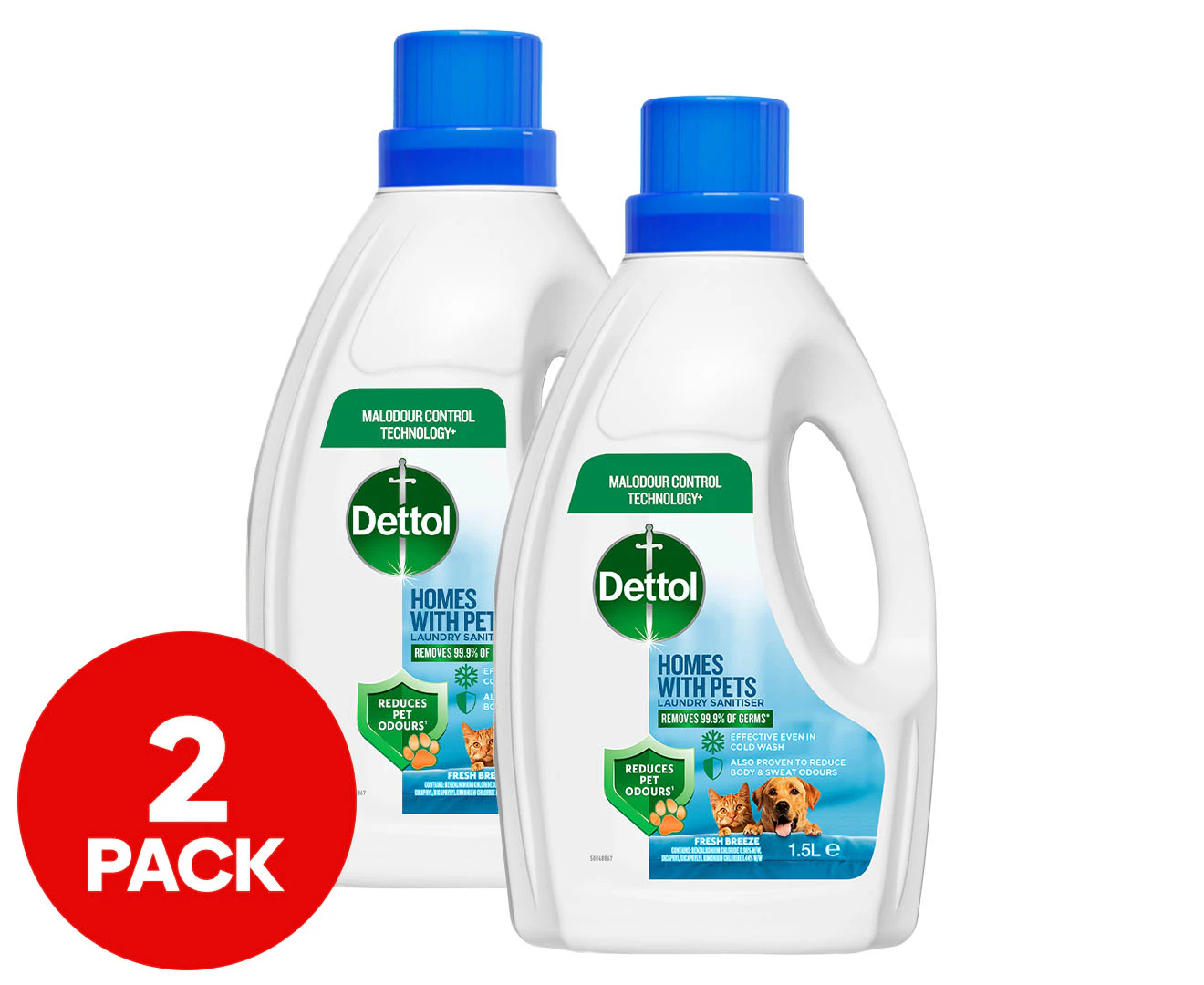 2 x Dettol Homes w/ Pets Laundry Sanitiser Fresh Breeze 1.5L