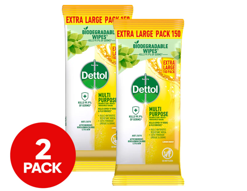 2 x 150pk Dettol Multipurpose Disinfectant Wipes Lemon Burst