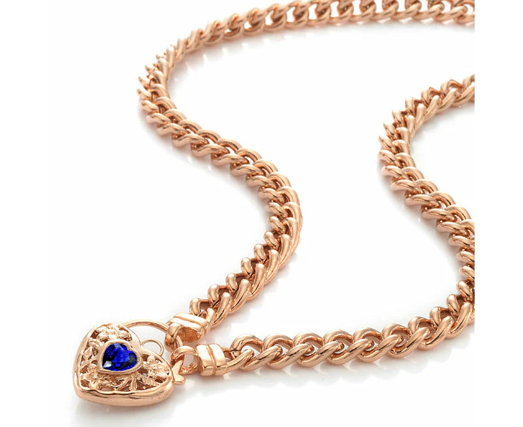 18ct Heavy Rose Gold Plated Euro Chain Necklace with a Dark Blue Filigree Locket - USA Made