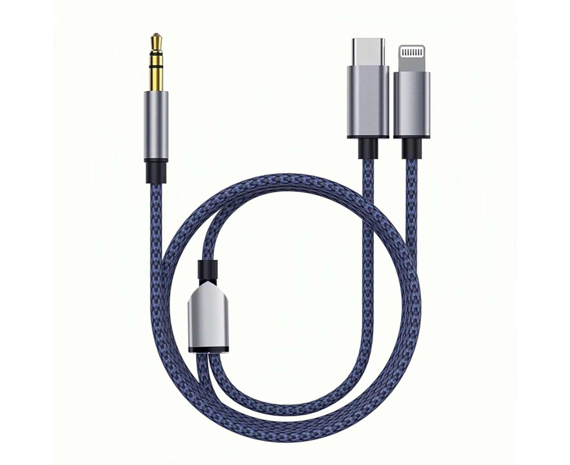 2in1 Aux Cable USB C & Lightning to 3.5mm Jack Audio Adapter Compatible with iPhone iPad Samsung Google Xiaomi Huawei – Blue