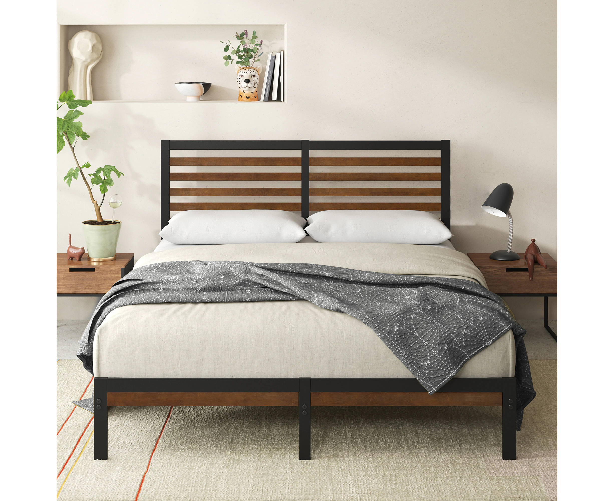 Zinus Kai Bamboo and Metal Bed Frame Hybrid Platform Base with Footboard - King Single