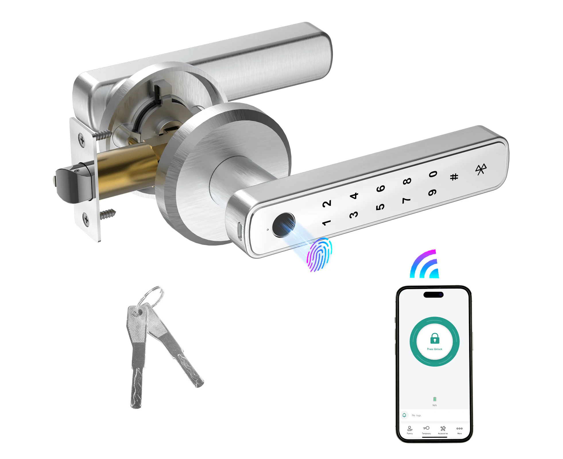 Advwin Smart Lock Fingerprint Door Lock, 4 in 1 Keypad Deadbolt Lock with APP/Code/Keys/Fingerprint, Silver