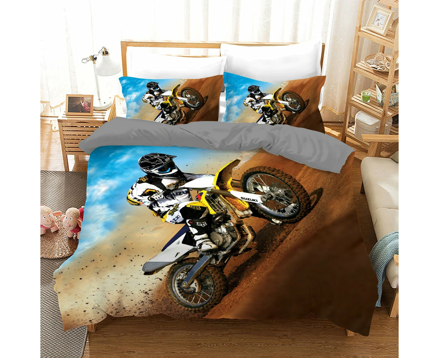 Yellow Dirt Bike Motorcycle Racing Quilt Doona Duvet Cover Pillow Case Set