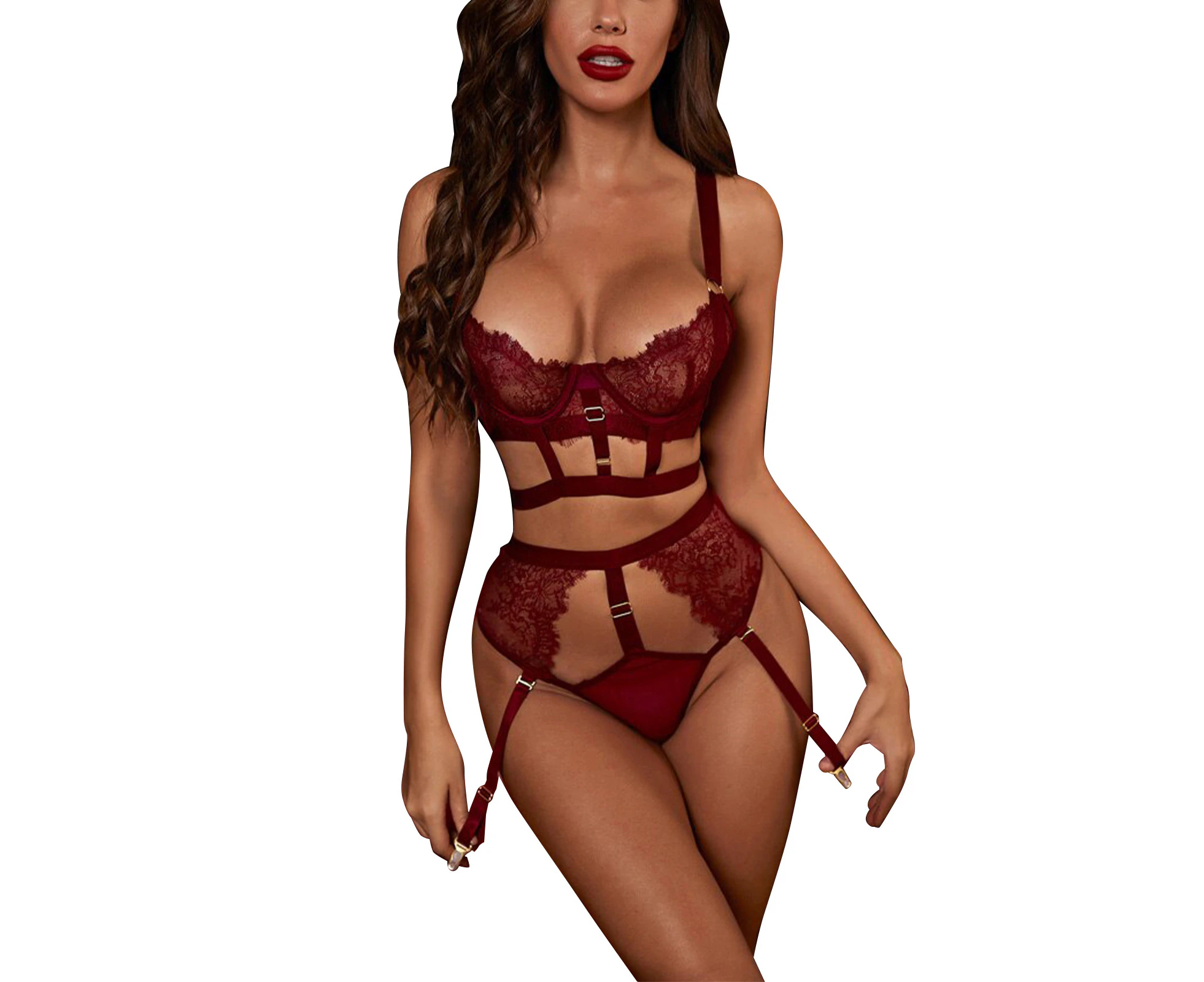 Women Lingerie Set See Through Push Up Adjustable Straps Cutout High Waist Briefs Bra Panty Kit Wine Red L