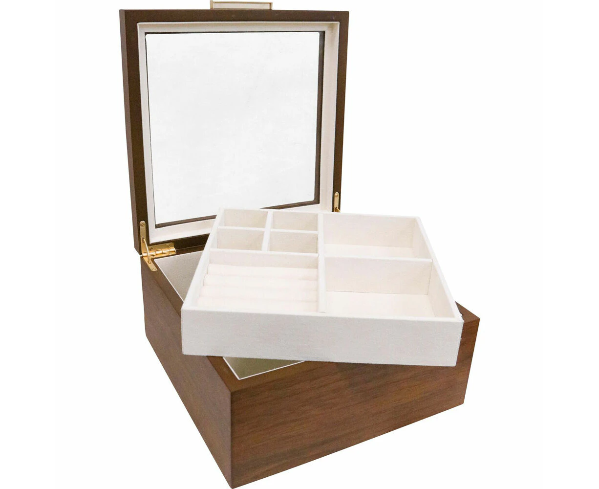 LVD Timber Jewellery Accessory Square Storage Box Organiser 20.5x10cm Walnut