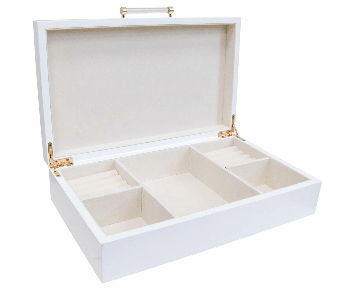 LVD Lacquer Long Jewellery Accessories Storage Box Organiser 30x18cm White