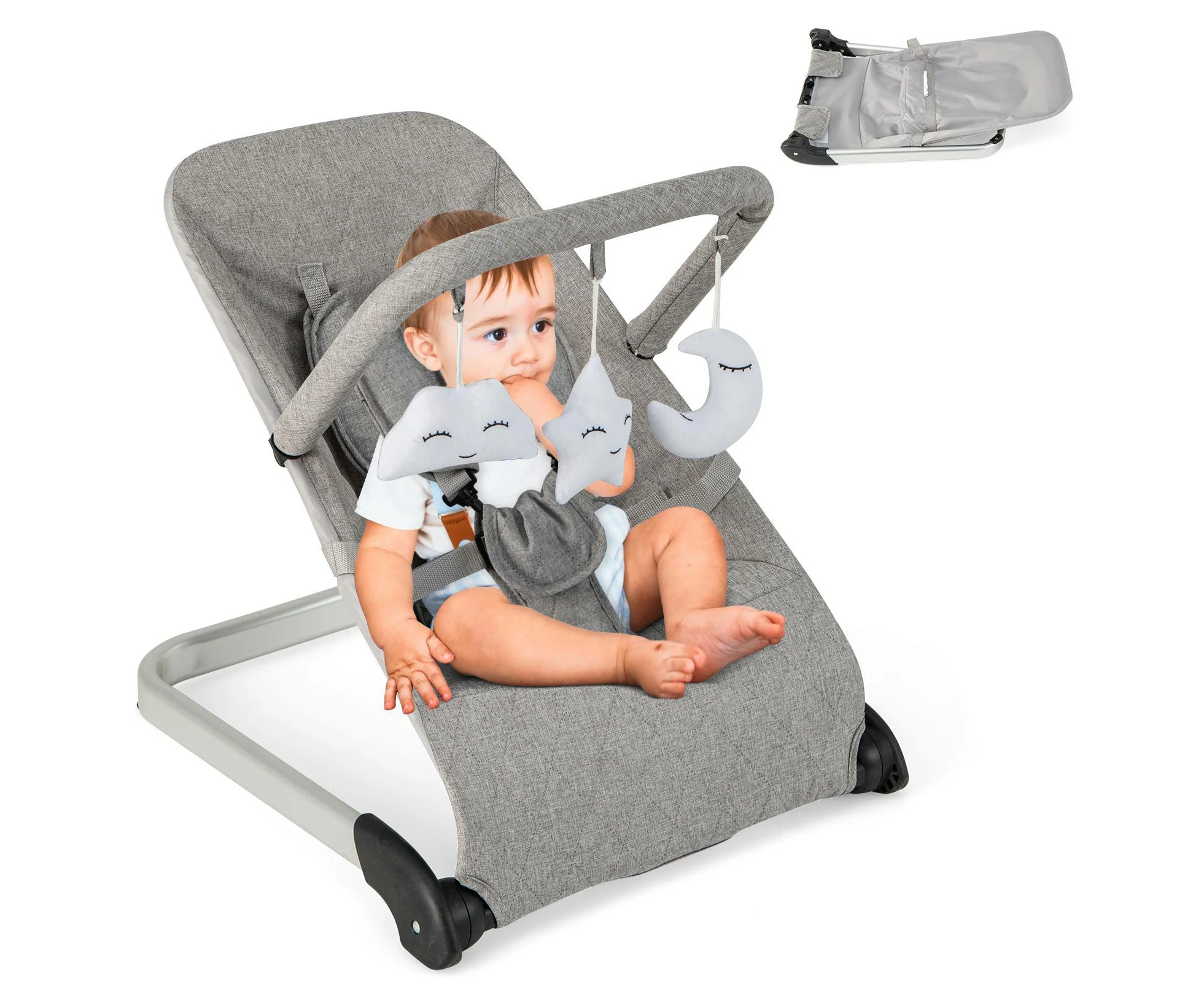 Baby Bouncer Foldable Baby Rocker w/5-point Safety Harness Portable Bouncer Seat Soothing Chair Grey