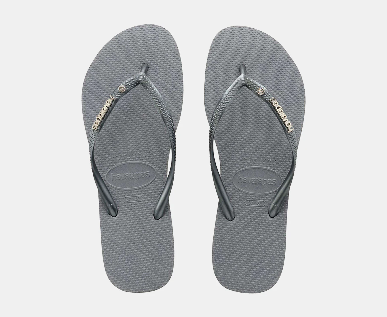 Havaianas Women's Slim Metal Logo Coloured Crystal Thongs - Steel Grey/Silver