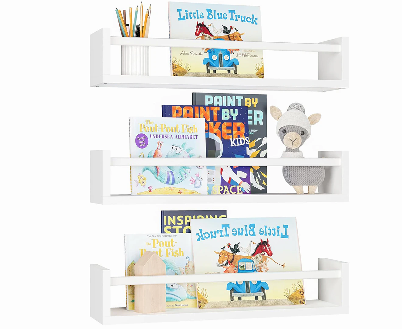 DelSol 3PCS Wood Floating Shelves Wall Nursery Book Shelves Book Shelf Wall Mounted for Kids-White