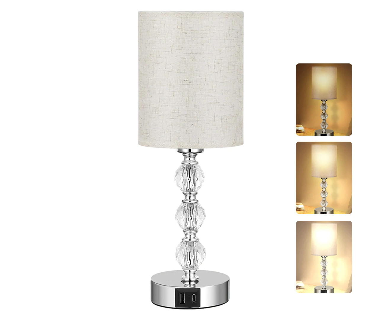 Clora Bedside Table Lamp Touch Bedroom Crystal Nightstand USB Ports Dimmable Beige