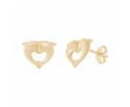 Bevilles Double Dolphin Heart Stud Earrings in 9ct Yellow Gold