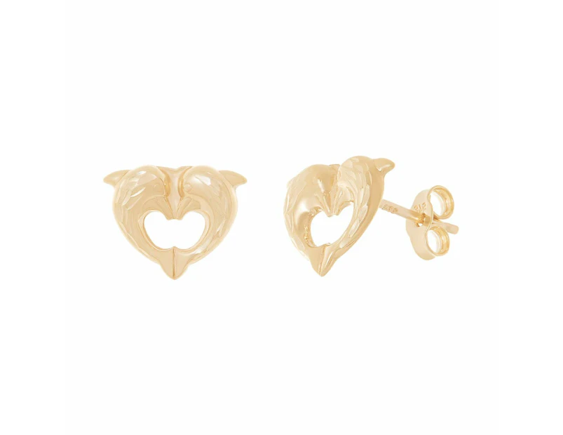 Bevilles Double Dolphin Heart Stud Earrings in 9ct Yellow Gold