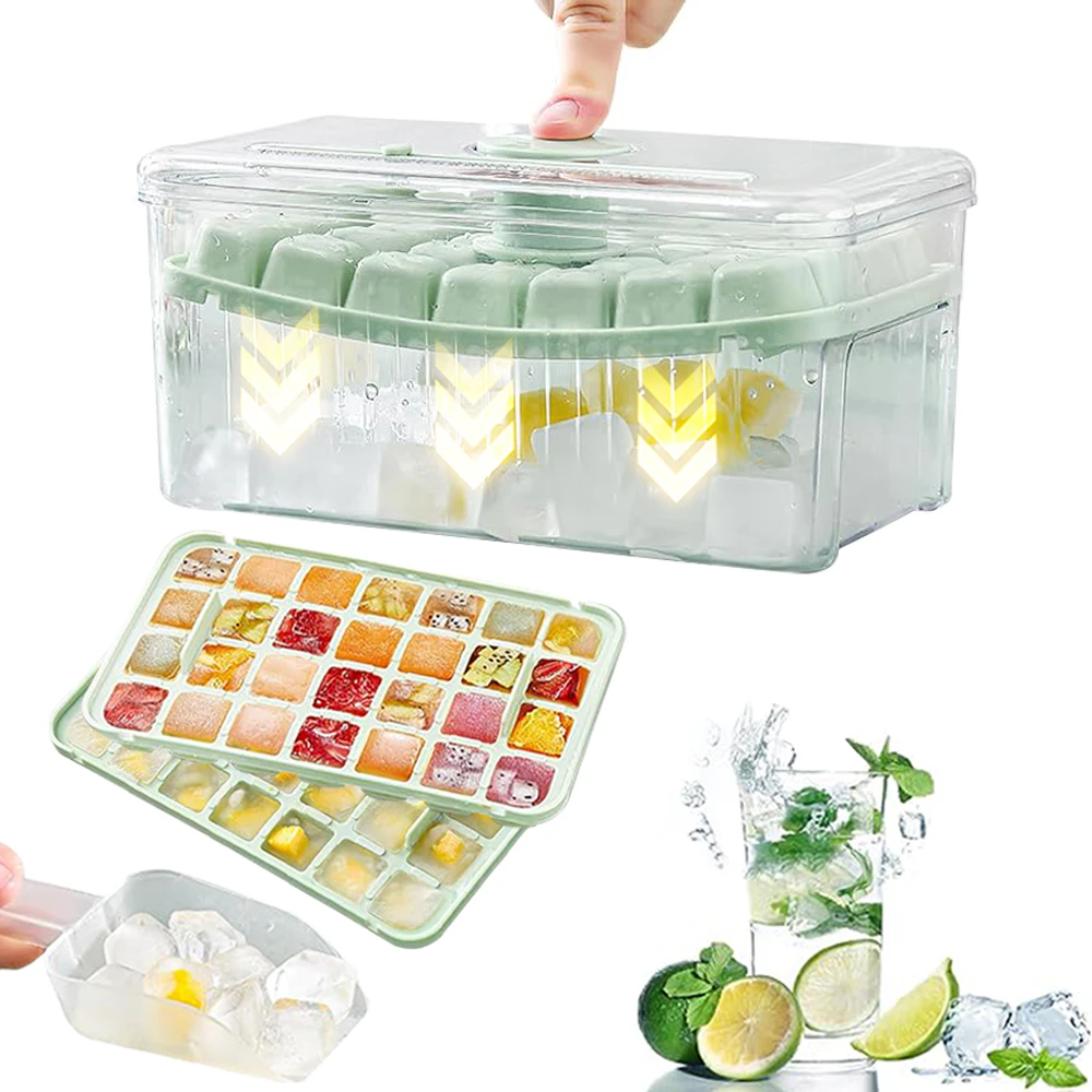 Ice Cube Tray, Ice Tray with Lid and Bin, Stackble Ice Mold for Freezer with 2pcs Trays Making 56pcs Ice Cubes, Easy to Release, Ice Maker with Ice Scoop