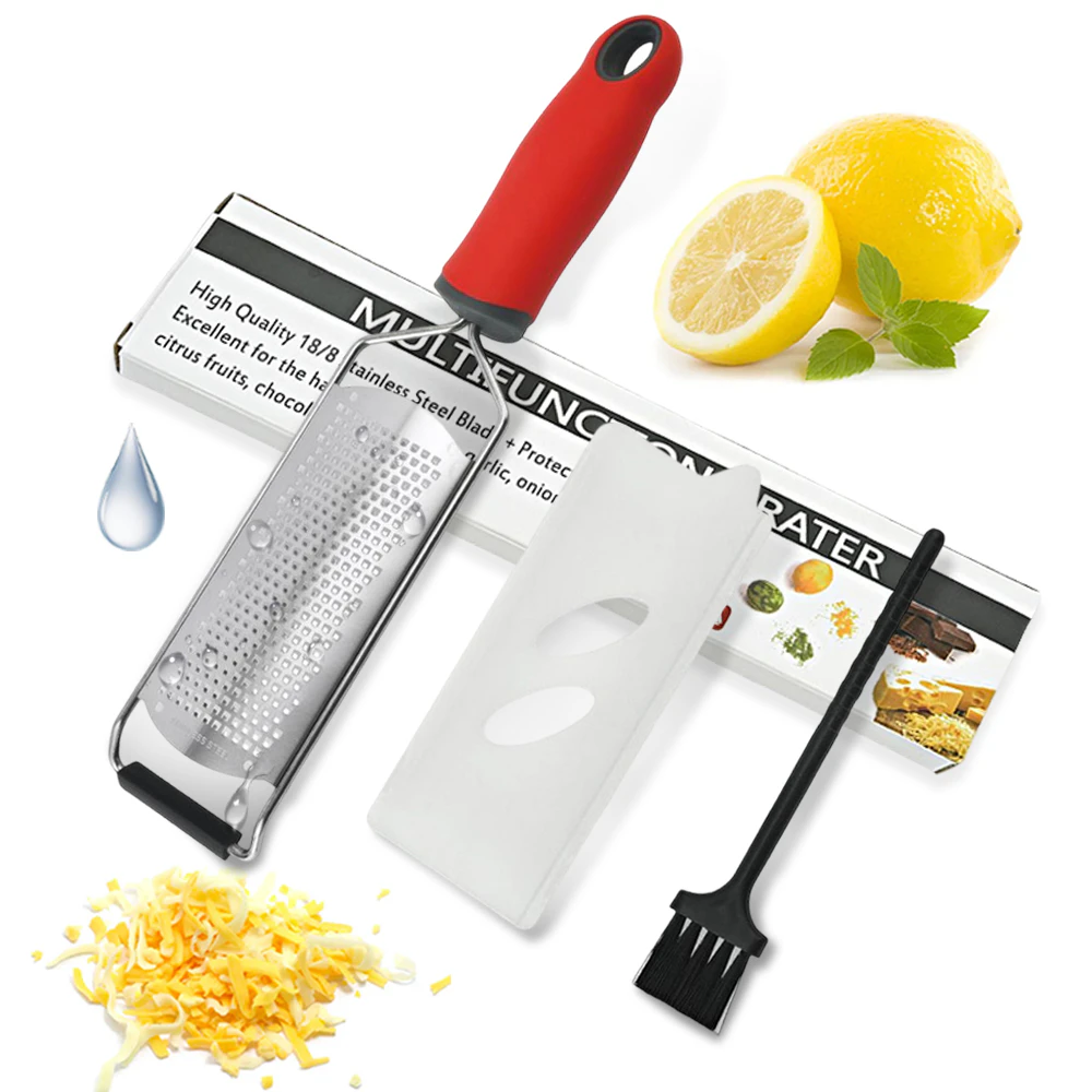 Cheese Zester Grater, Handheld Lemon Zester with Handle and Protective Cover, Stainless steel Grater for Cheese Citrus Ginger Garlic Chocolate Spices, Red