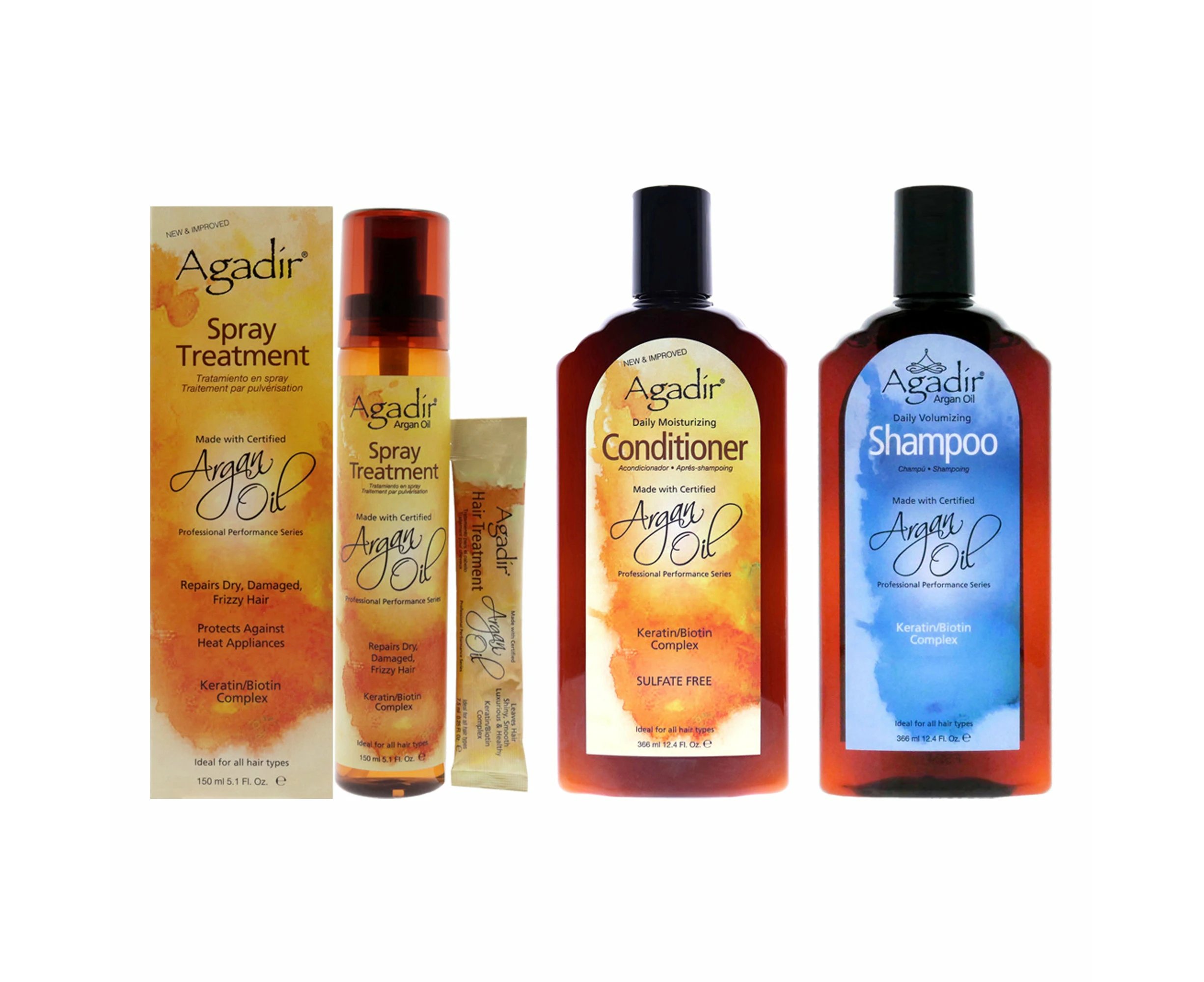 Argan Oil Daily Volumizing Shampoo and Moisturizing Conditioner With Spray Treatment Kit by Agadir for Unisex - 3 Pc Kit 12.4oz Shampoo, 12.4oz Conditio...