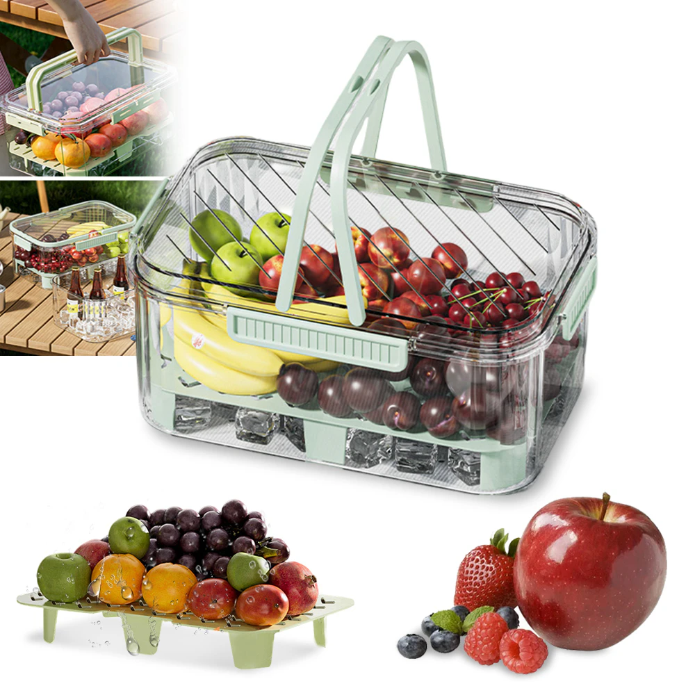 Food Container, Vegetable and Fruit Storage Container, Portable Fridge Organizer With Handle,Airtight Snack Saver Box Fresh-Keeping Container ,Green