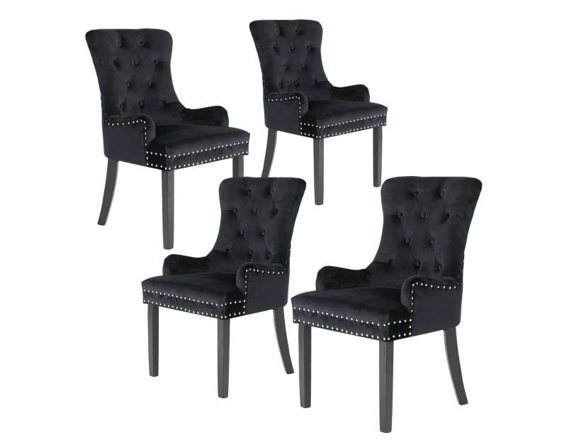 La Bella 4 Set Black French Provincial Dining Chair Ring Studded Lisse Velvet Rubberwood