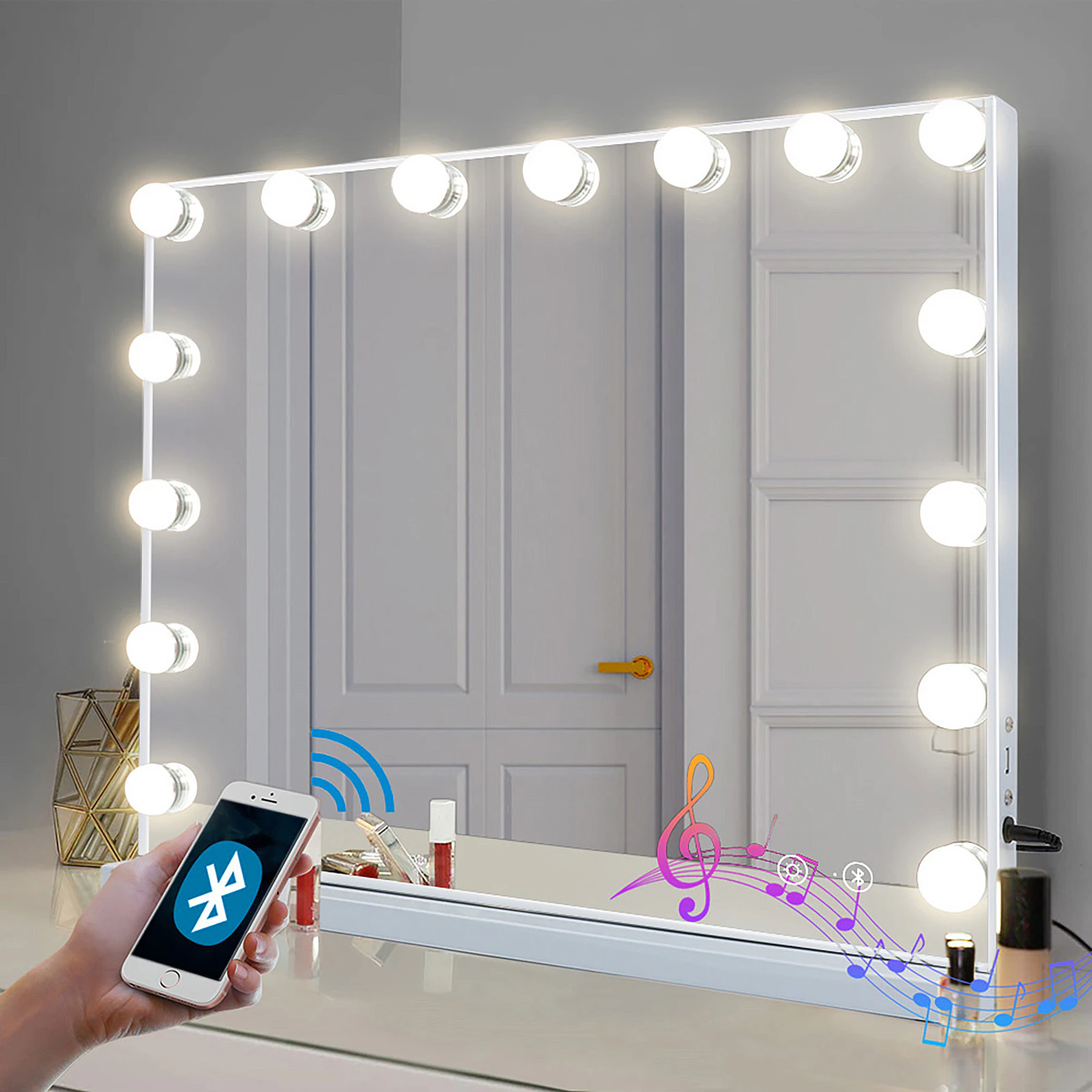 FENCHILIN Bluetooth Vanity Makeup Mirror With Lights Hollywood LED Mirrors with USB Charge Standing Wall