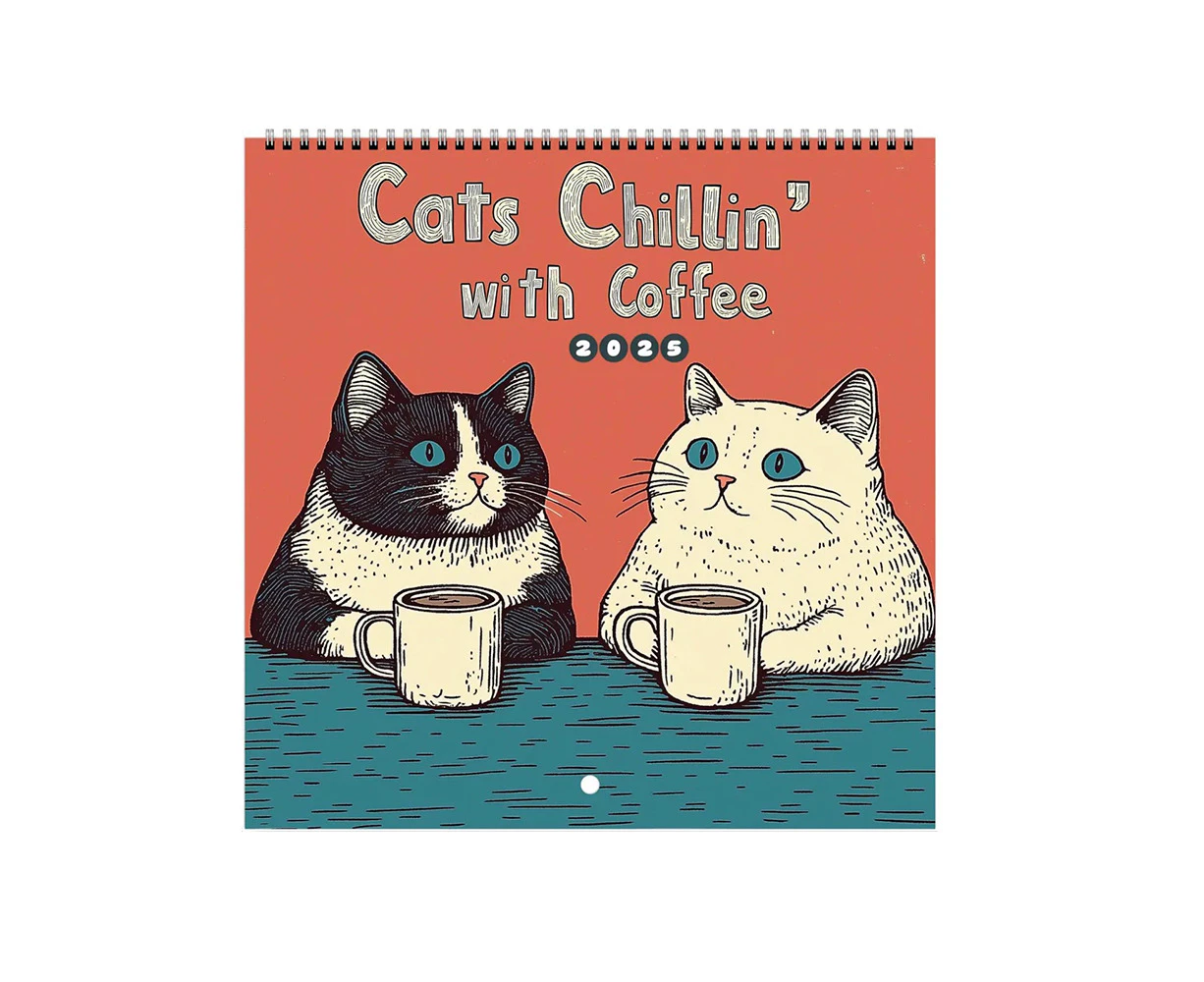 Cats Chillin' with Coffee 2025 Wall Hanging Calendar Monthly to View Home Office Deco