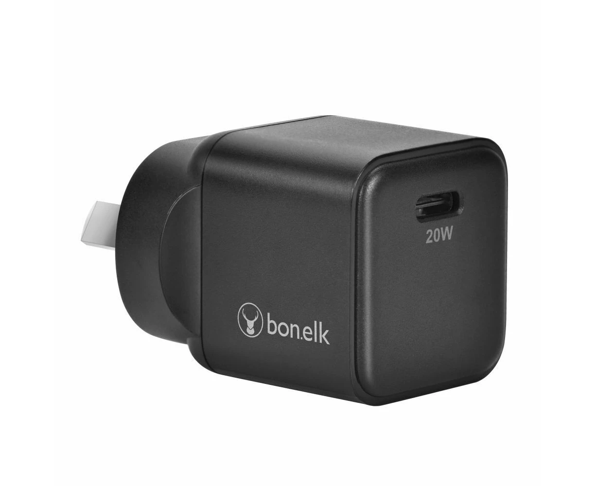 Bonelk 20W PD USB-C GaN Wall Charger w/ Easy Grip Cable 1.5m For Phone Black