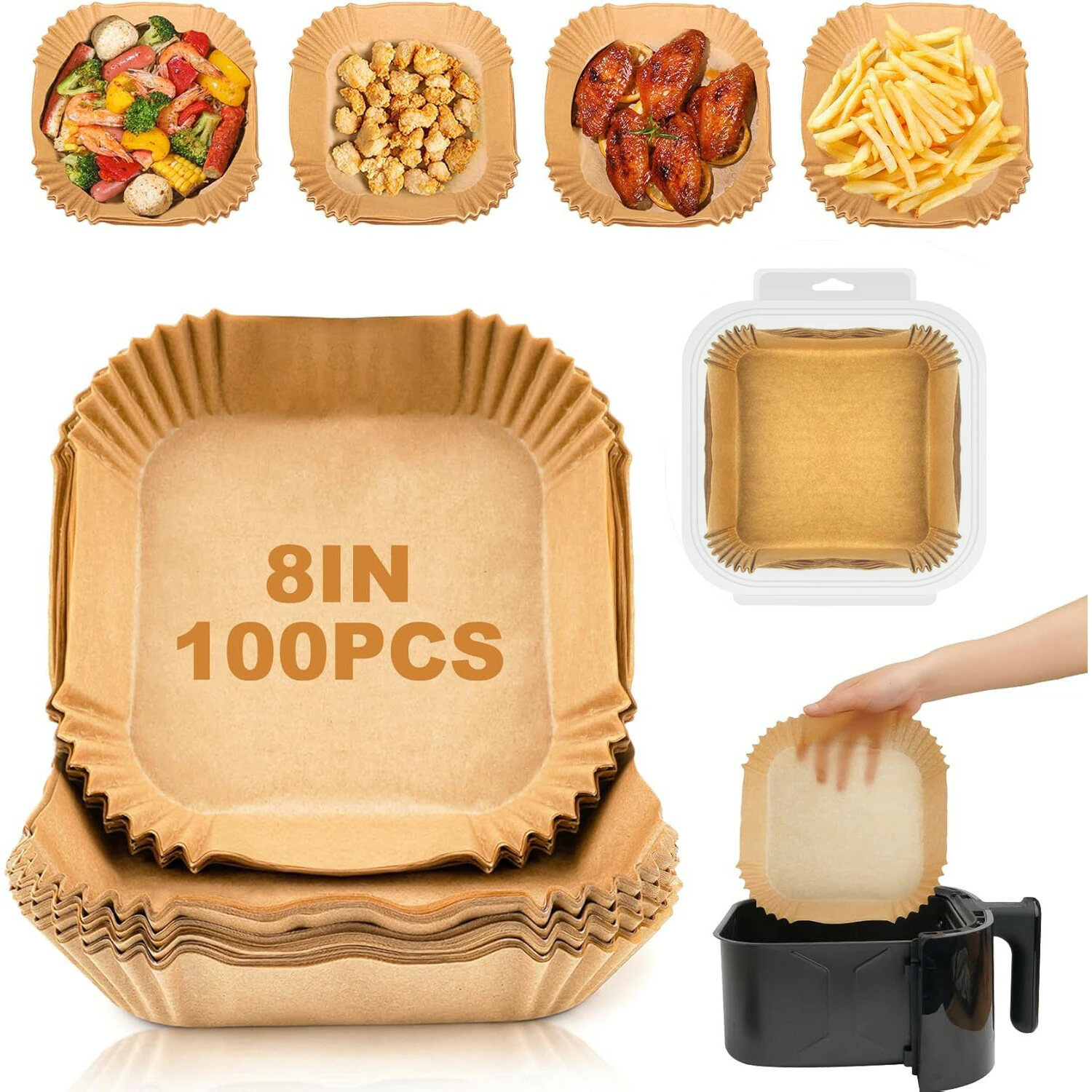 Air Fryer Liners Disposable, 100pcs Baking Paper, 8" Parchment Paper for 5-7QT Air Fryer, Non-Stick Square Disposable Paper Liner for Baking, Roasting