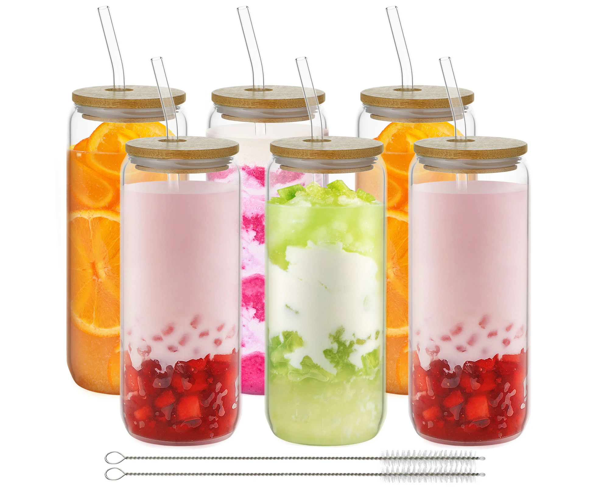 6 Pack set 600mL Glass cups with Bamboo Lids Glass Straw Tumbler Glass Cup Coffee Tea Cocktail Coke Drinking Glasses Jars