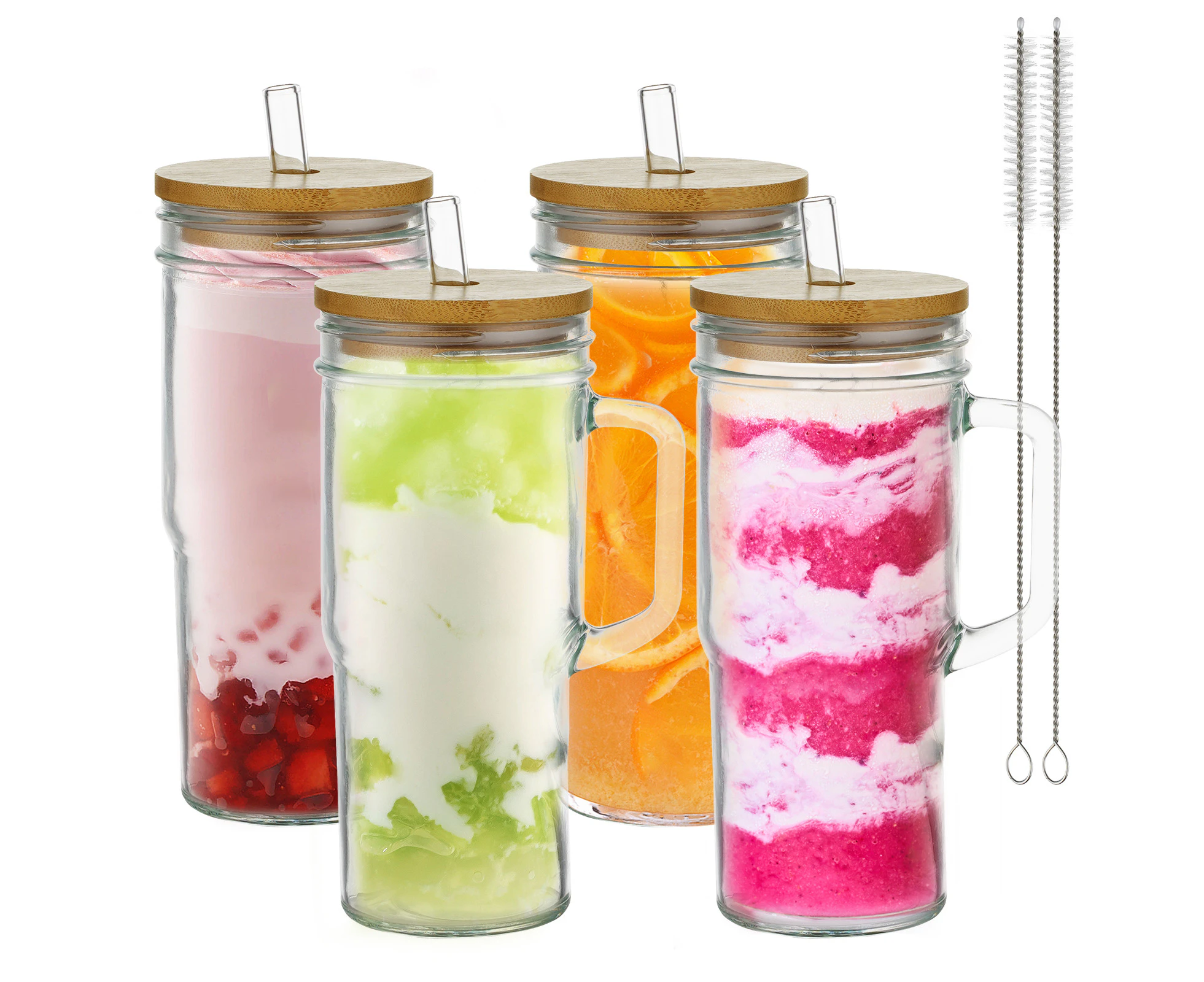 4 Pack set 650mL Glass cups with Bamboo Lids Glass Straw Tumbler Glass Cup with handle Coffee Tea Cocktail Coke Drinking Glasses Jars