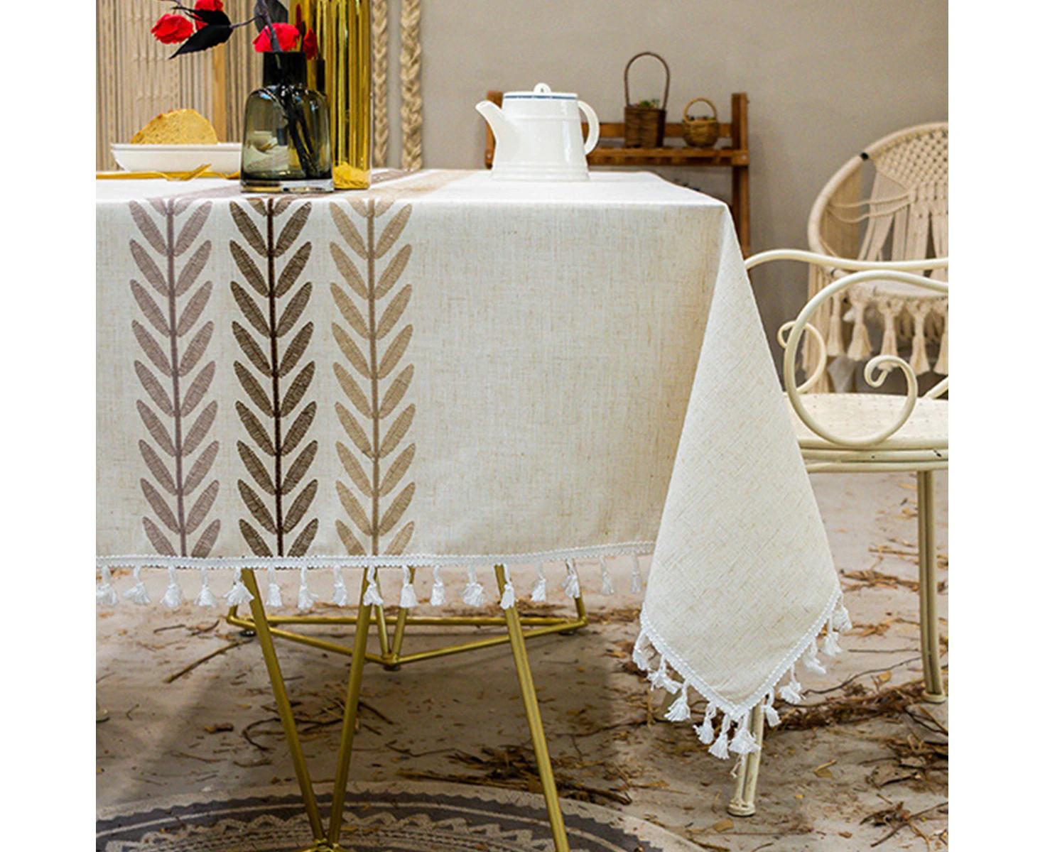 Tablecloth Embroidery Tassel linen  country farmhouse  outdoor party