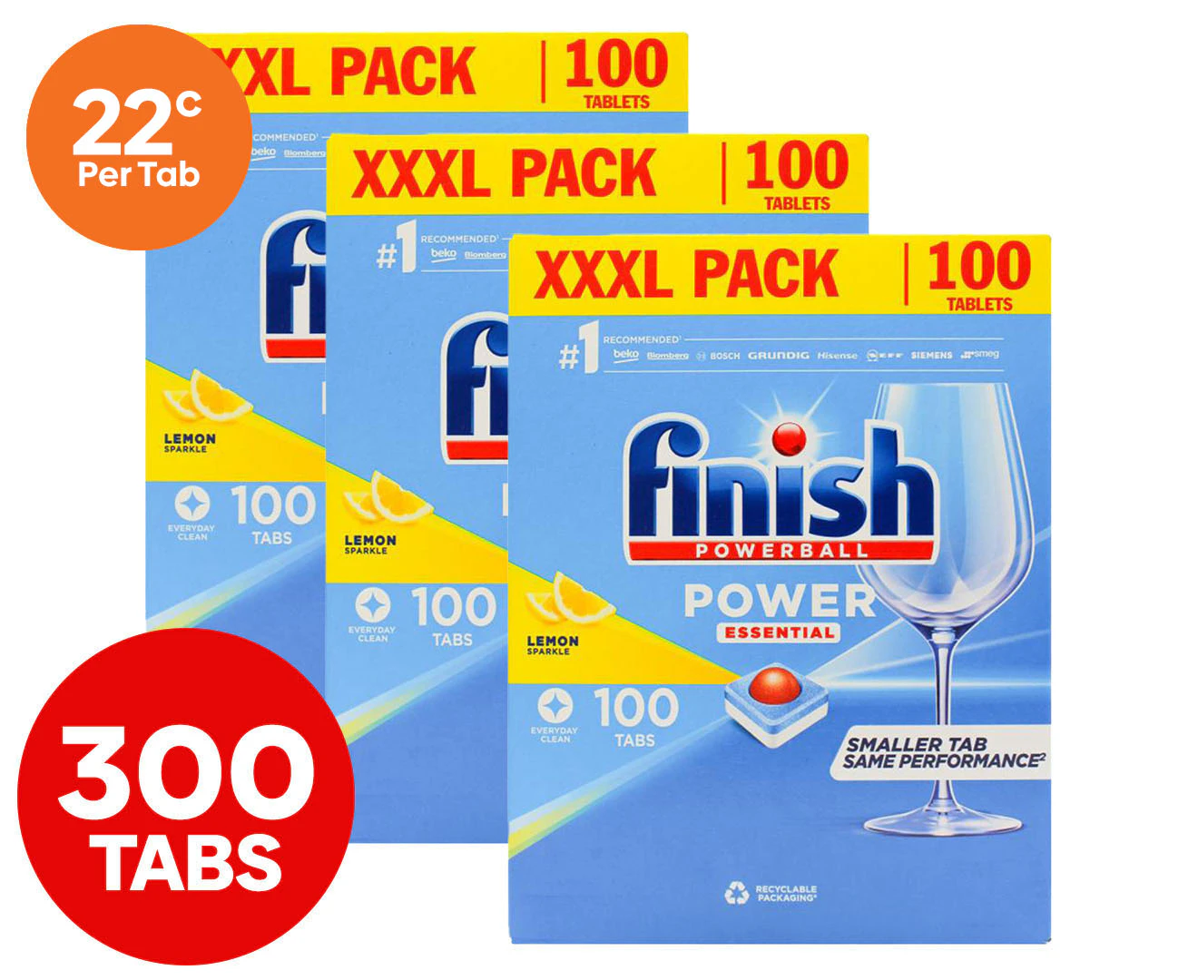 3 x 100pk Finish Powerball Power Essential Dishwashing Tablets Lemon Sparkle