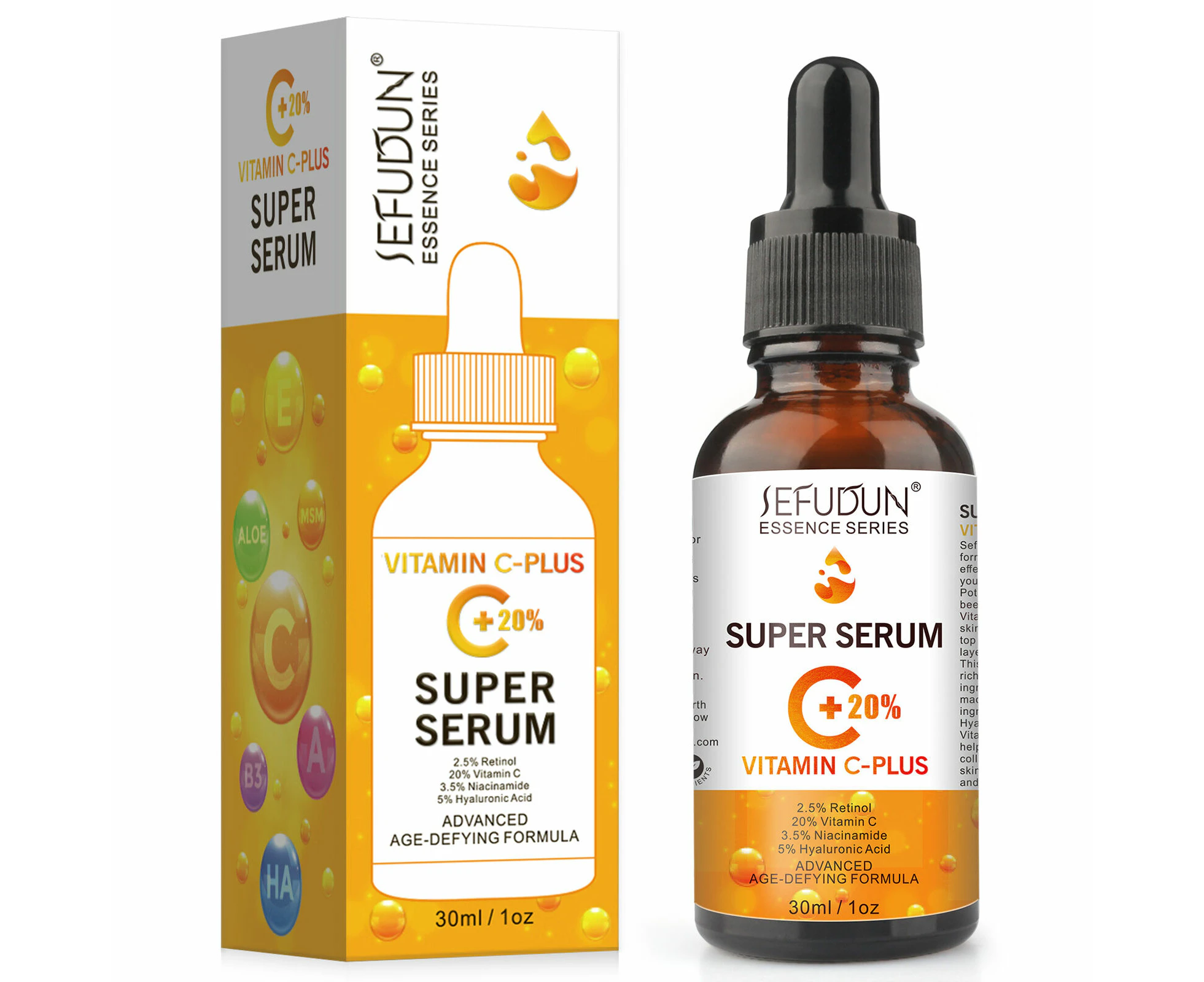 Sefudun Pure Vitamin C Serum Hyaluronic Acid Face Skin Care Anti Aging Wrinkle Retinol Essence Brightening, 30ml