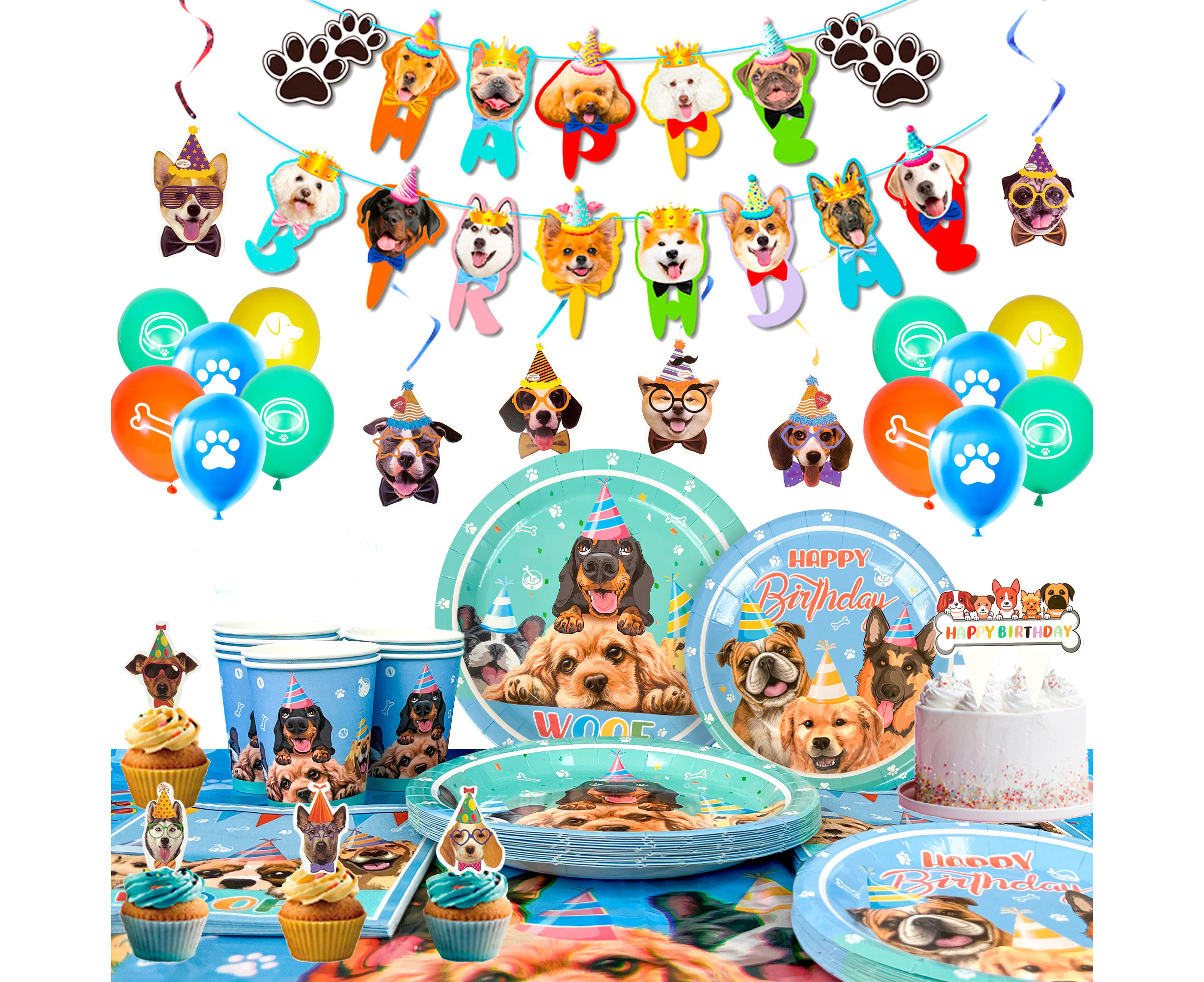 111pcs Dog Themed Party Decorations&Tableware Set-Dog Birthday Napkins Tablecloth Banner Balloons ect Bog Party Decorations for Puppy,Kids&Dog Lover