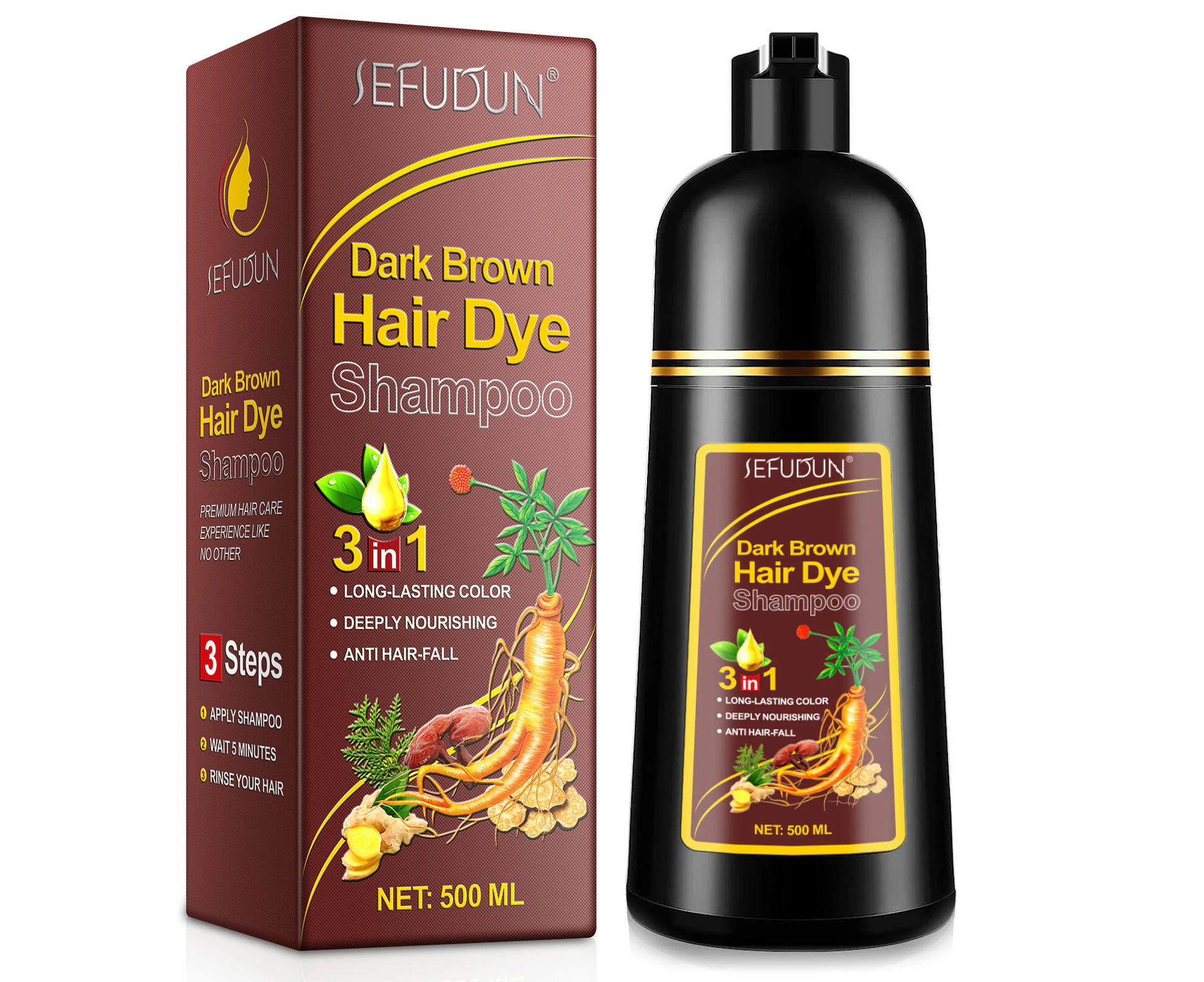 SEFUDUN 3in1 Natural Hair Dye Shampoo DARK BROWN Hair Color Shampoo Anti Hair Loss Herbal Essence Nourishing Long Lasting, 500ml