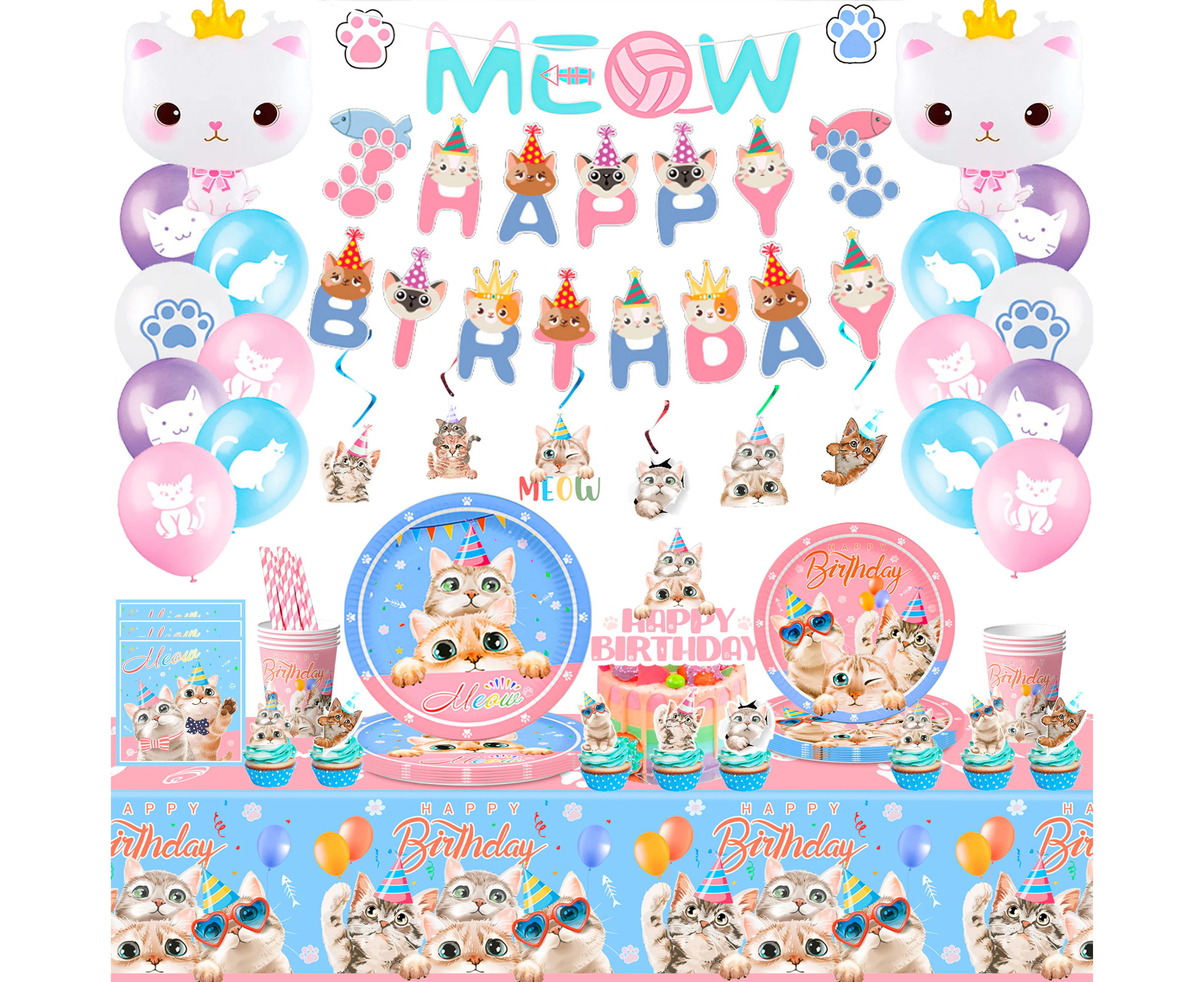 116pcs Cat Party Decorations-Kitten Birthday Party Decorations Balloons Banner&Cat Party Napkins Tablecloth etc Cat Themed Birthday Party Supplies