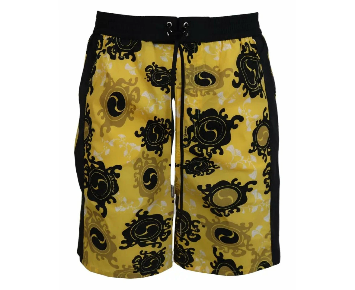 Dsquared² Yellow Black Printed Nylon Beachwear Shorts Swimwear