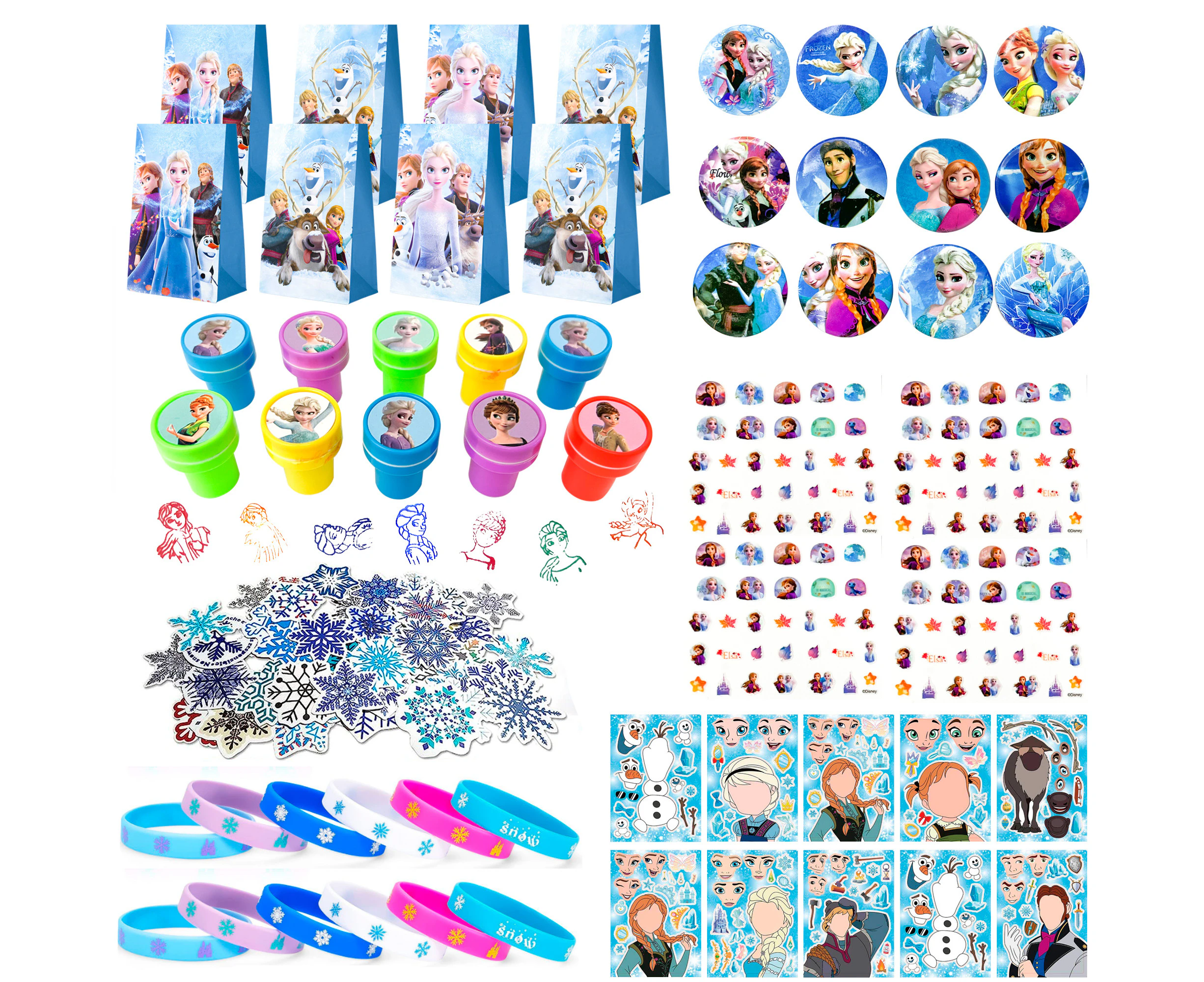 Frozen Party Favors,115pcs All-in-One Frozen Favors Set Including Frozen Favor Bags Stamper Stickers Badges etc for Frozen Party Decorations Supplies