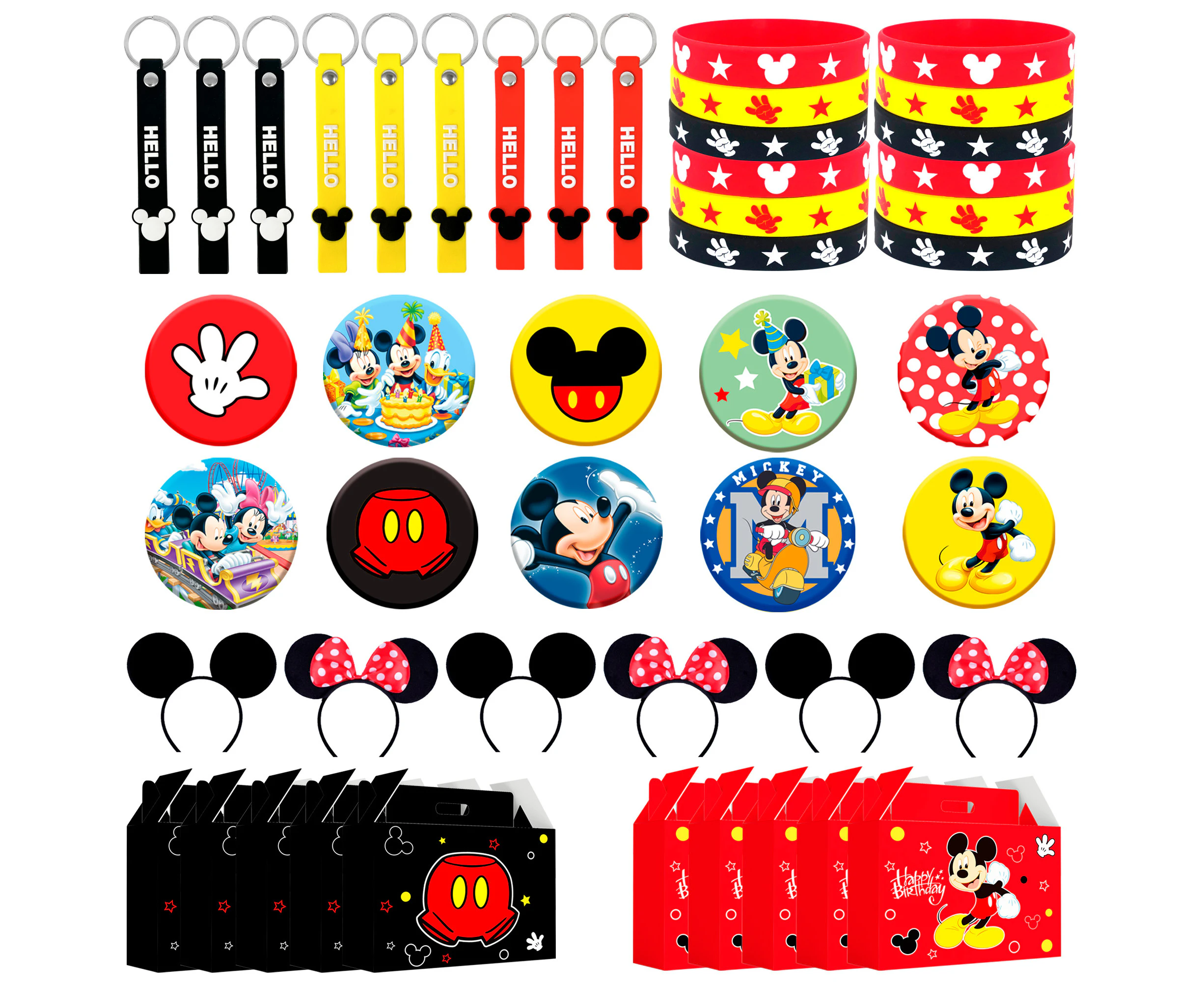 Mouse Party Favors, 50pcs All-in-One Mickey Party Favors Packs - Mouse Ears Headband Treat Box Silicone Bracelet Keychains Button Pin etc Party Supplies