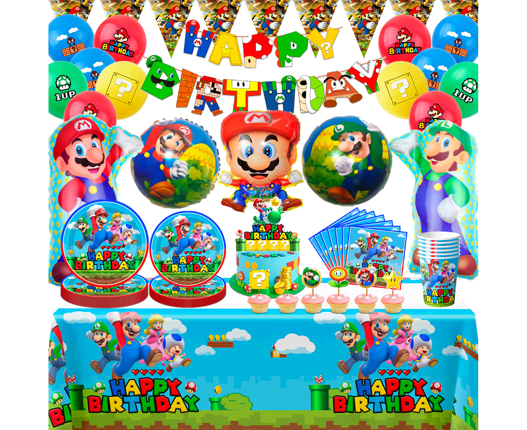 85pcs Mario birthday party supplies,Mario theme party decoration tableware set banner,balloon,tablecloth,cups,napkins etc